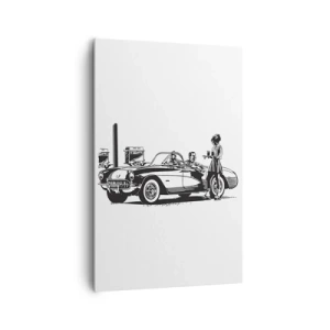 Impression sur toile - Image sur toile - Une scène rétro en noir et blanc avec une voiture et une serveuse en patins à roulettes. - 80x120cm - 60's - Amérique insouciante - Décoration murale moderne pour le salon et la chambre ARTTOR
