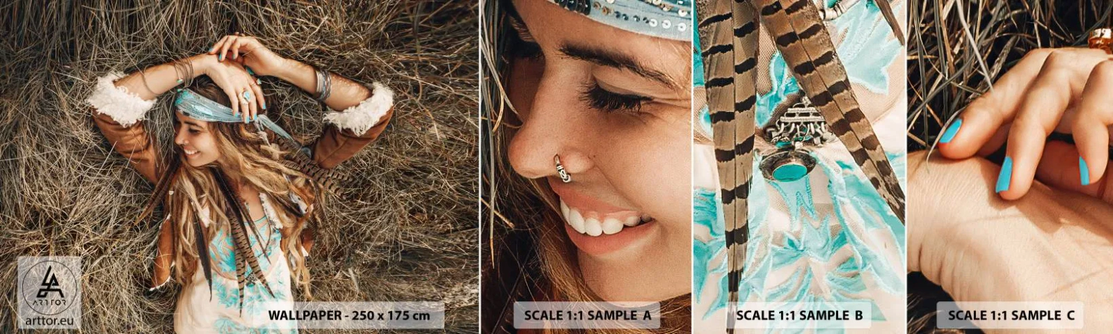 Échantillon De Papier Peint Standard Eco - En route vers les années d'amour - Bohème, Femme, Bijoux - 100x30 cm