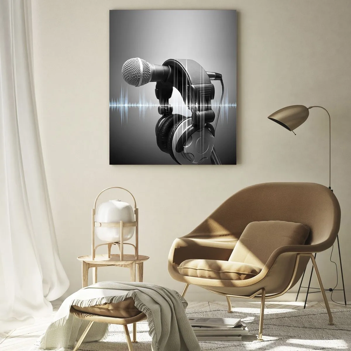 Impression sur verre - Image sur verre - Microphone et casque avec visualisation des ondes sonores en arrière-plan - 70x100cm - Vous pouvez encore entendre son chant - Décoration murale moderne pour le salon et la chambre ARTTOR
