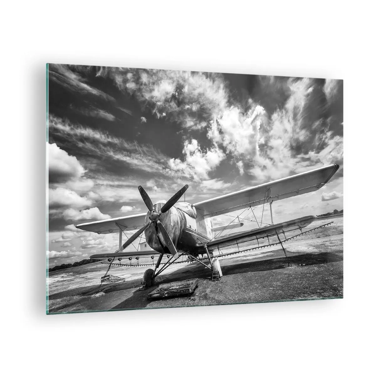 Impression sur verre - Image sur verre - Photographie en noir et blanc d'un biplan classique - 70x50cm - Je suis impatient! - Décoration murale moderne pour le salon et la chambre ARTTOR
