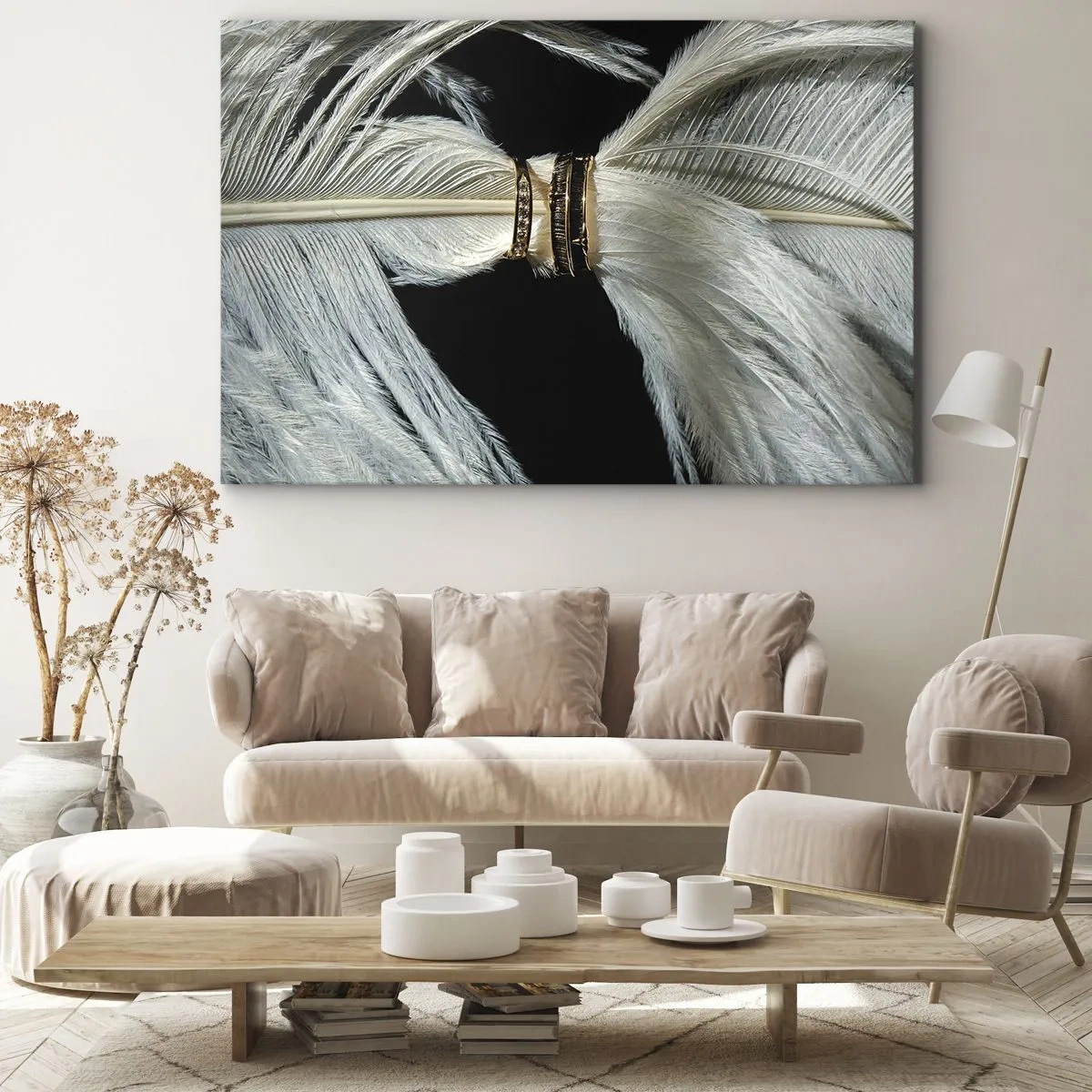Impression sur toile - Image sur toile - Une plume blanche avec deux anneaux d'or sur fond noir - 120x80cm - ... et je ne te laisserai pas ... - Décoration murale moderne pour le salon et la chambre ARTTOR