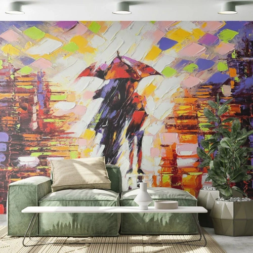 Papier Peint Photo Premium Canvas - Une scène abstraite d'une promenade sous un parapluie par une nuit pluvieuse. - 100x70cm - Ensemble à travers la nuit et la pluie - Décoration murale moderne pour le salon et la chambre ARTTOR