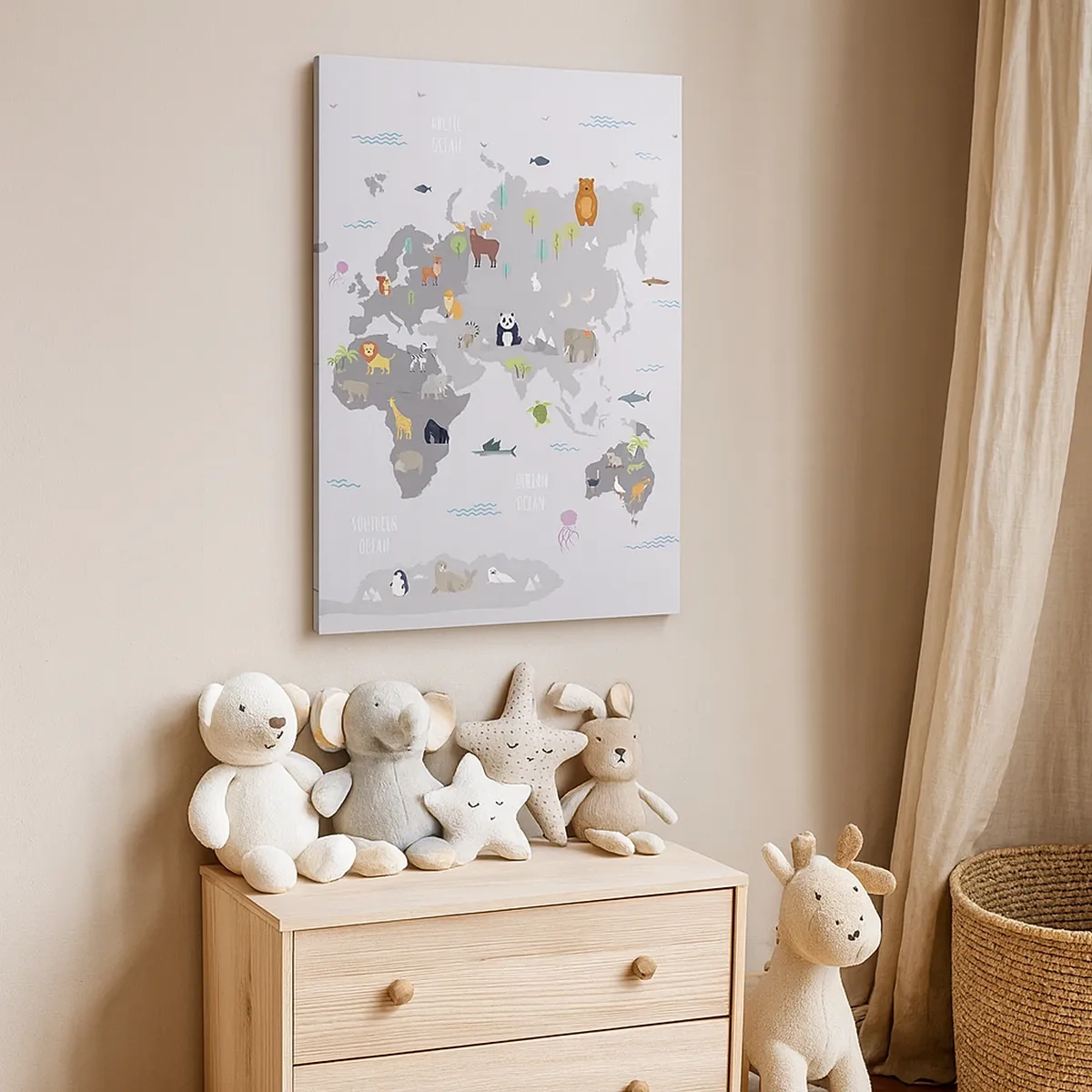 Impression sur toile - Image sur toile - Une carte du monde avec des illustrations d'animaux sur fond gris - 50x70cm - Dis-moi d'où tu viens... - Décoration murale moderne pour le salon et la chambre ARTTOR