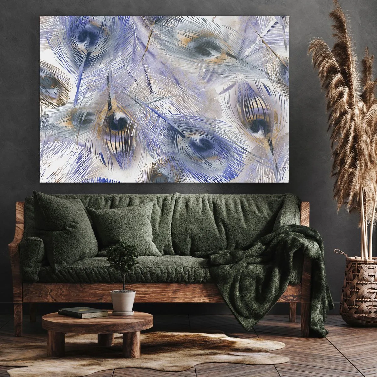 Impression sur toile - Image sur toile - Un motif avec des plumes de paon dans des tons de bleu et d'or - 70x50cm - Composition de paon - Décoration murale moderne pour le salon et la chambre ARTTOR