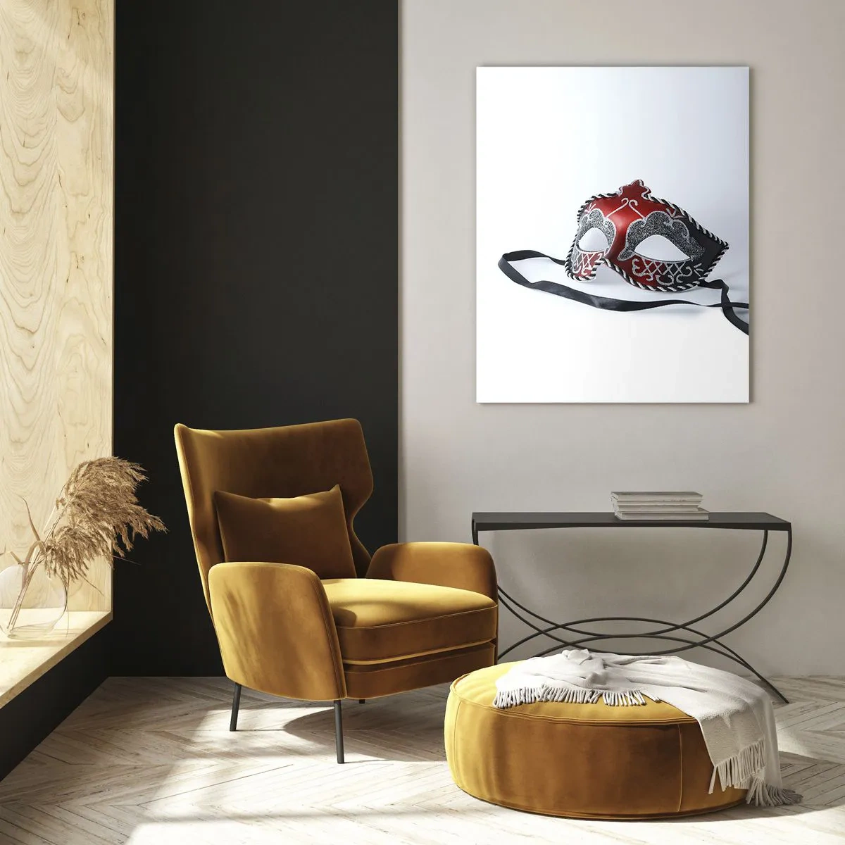 Impression sur verre - Image sur verre - Masque de carnaval rouge sur fond clair - 70x100cm - Invitation au bal - Décoration murale moderne pour le salon et la chambre ARTTOR
