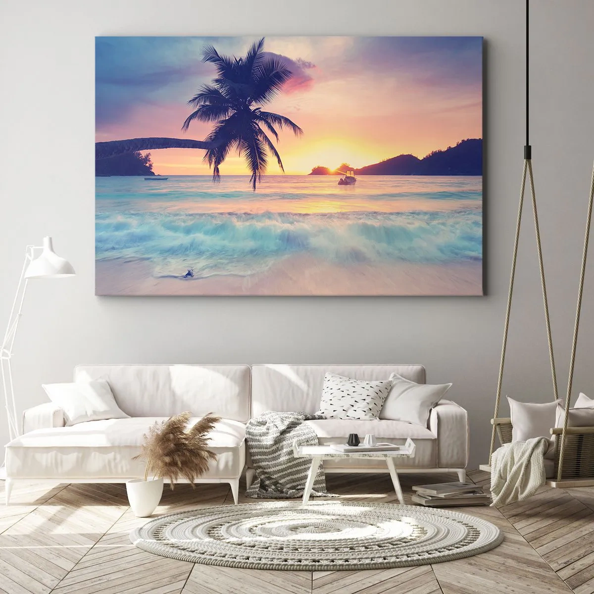 Impression sur toile - Image sur toile - Plage avec un palmier et un coucher de soleil sur l'océan - 100x70cm - Une soirée à la baie - Décoration murale moderne pour le salon et la chambre ARTTOR