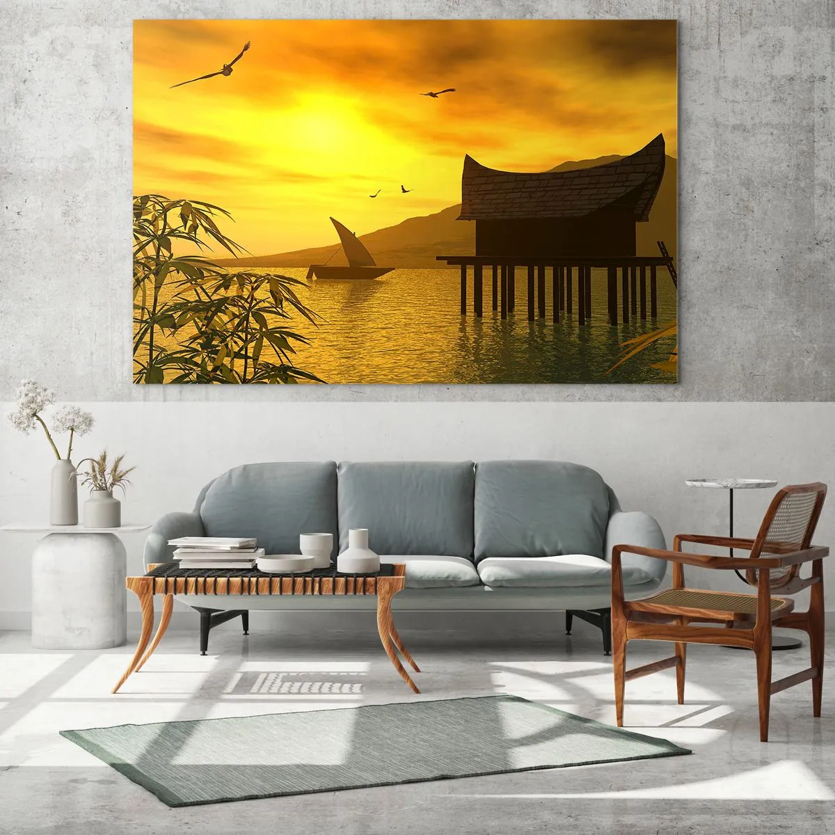 Impression sur verre - Image sur verre - Coucher de soleil sur le lac avec une maison sur pilotis - 120x80cm - La paix tant désirée - Décoration murale moderne pour le salon et la chambre ARTTOR