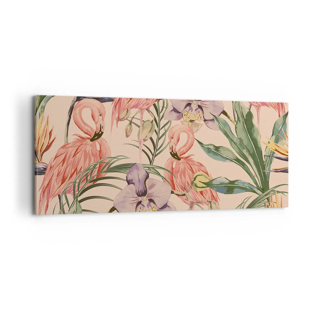 Impression sur toile - Image sur toile - Flamants roses et fleurs tropicales sur fond clair - 120x50cm - Ballet rose dans les fleurs - Décoration murale moderne pour le salon et la chambre ARTTOR