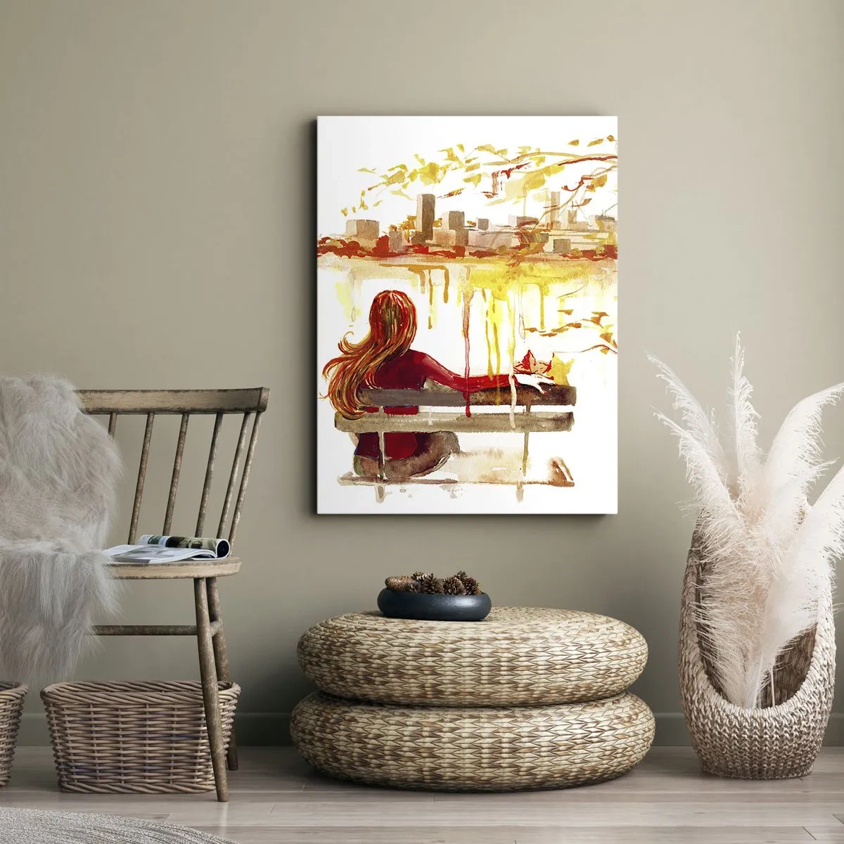 Impression sur toile - Image sur toile - Scène à l'aquarelle d'une femme sur un banc surplombant la ville - 50x70cm - Un moment de réflexion - Décoration murale moderne pour le salon et la chambre ARTTOR