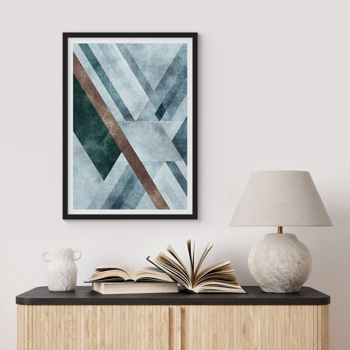 Affiche dans un cadre noir - Poster - Composition géométrique dans les tons de bleu et de marron - 50x70cm - Élégance sophistiquée de la géométrie - Décoration murale moderne pour le salon et la chambre ARTTOR
