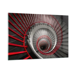 Impression sur verre - Image sur verre - Escalier en colimaçon avec rampes rouges en perspective - 120x80cm - Amusement architectural - Décoration murale moderne pour le salon et la chambre ARTTOR