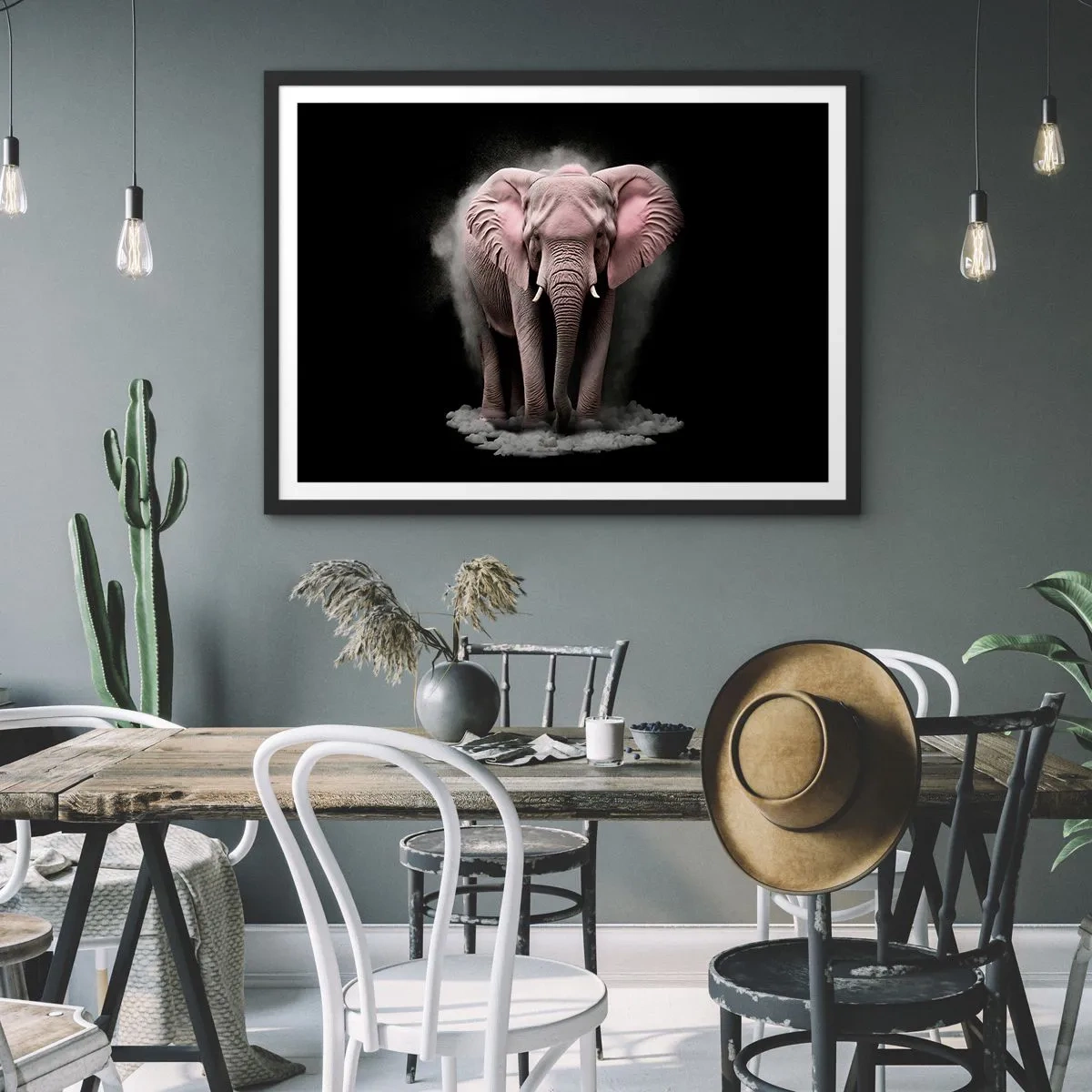 Affiche dans un cadre noir - Poster - Une interprétation artistique d'un éléphant rose sur fond noir - 70x50cm - Ne pensez pas à un éléphant rose ! - Décoration murale moderne pour le salon et la chambre ARTTOR