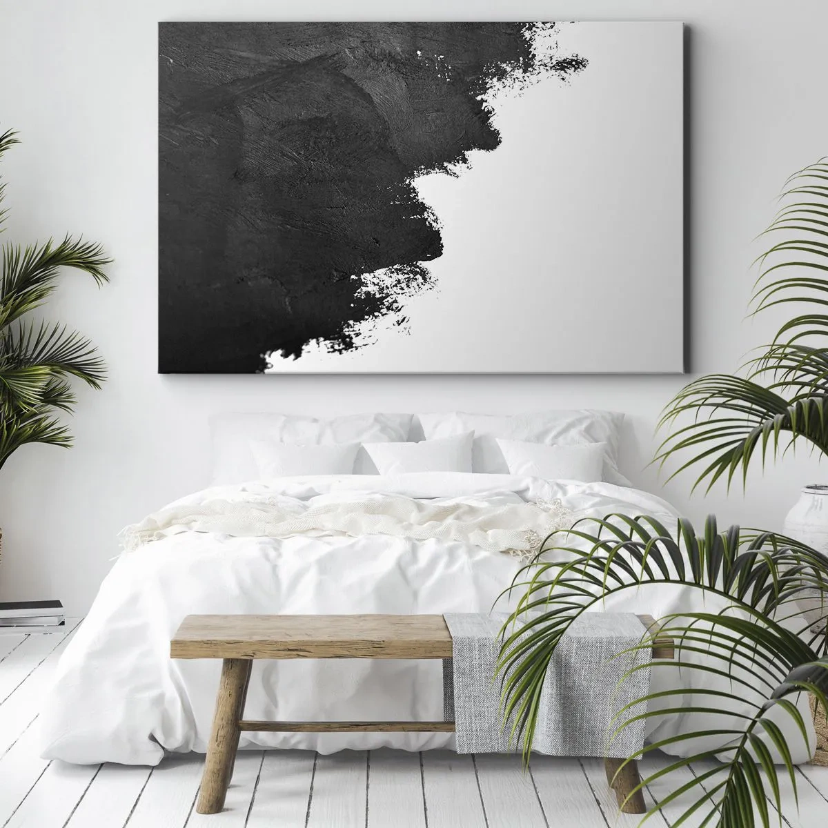 Impression sur toile - Image sur toile - Abstraction en noir et blanc avec des coups de pinceau contrastés - 70x50cm - Éléments : terre - Décoration murale moderne pour le salon et la chambre ARTTOR