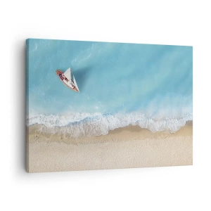 Impression sur toile - Image sur toile - Vue aérienne d'un bateau sur la plage - 70x50cm - A la frontière de l'azur et de l'or - Décoration murale moderne pour le salon et la chambre ARTTOR