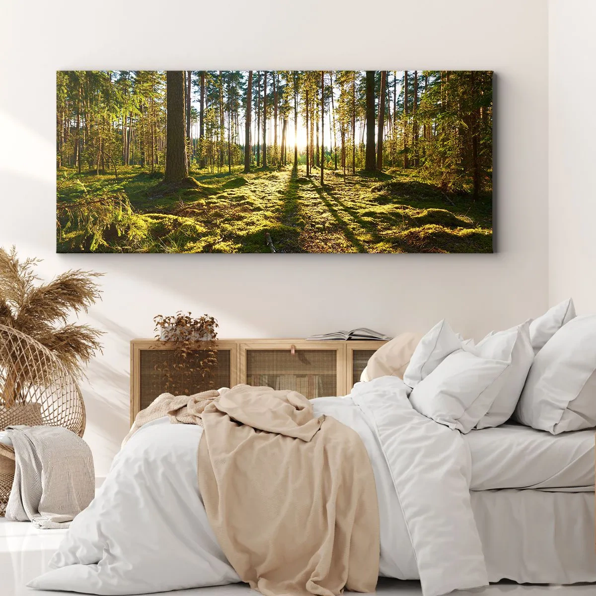 Impression sur toile - Image sur toile - Forêt verte illuminée par la lumière du soleil sur la mousse - 140x50cm - … Derrière les sept forêts - Décoration murale moderne pour le salon et la chambre ARTTOR