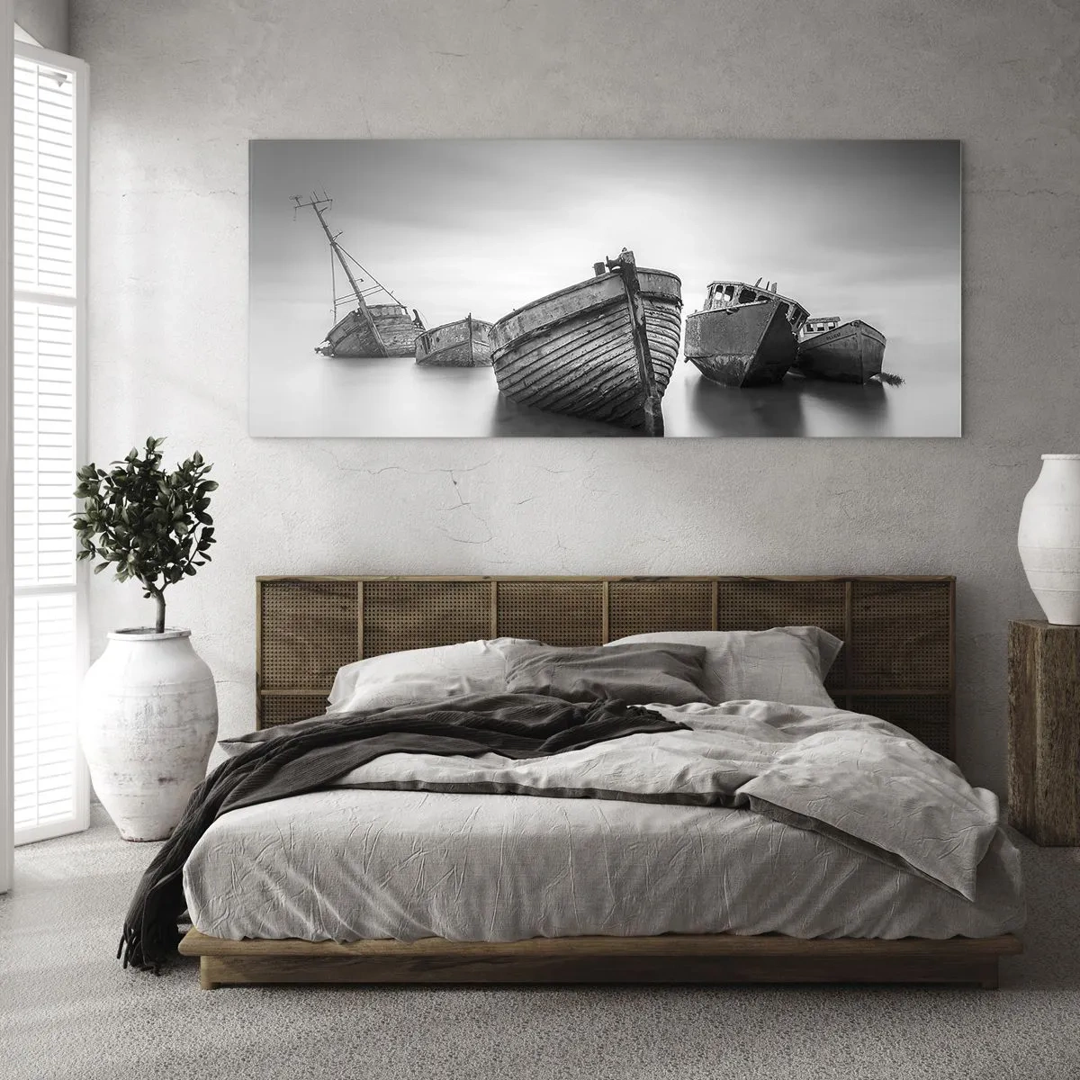 Impression sur verre - Image sur verre - Bateaux abandonnés sur une eau calme - 160x50cm - Cùest déjà un souvenir... - Décoration murale moderne pour le salon et la chambre ARTTOR