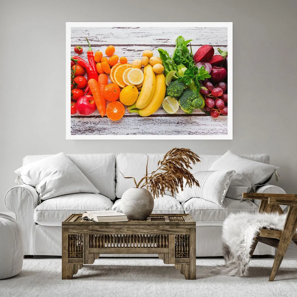 Affiche - Poster - Fruits et légumes colorés sur fond de bois - 100x70cm - Ce n'est pas suffisant? - Décoration murale moderne pour le salon et la chambre ARTTOR