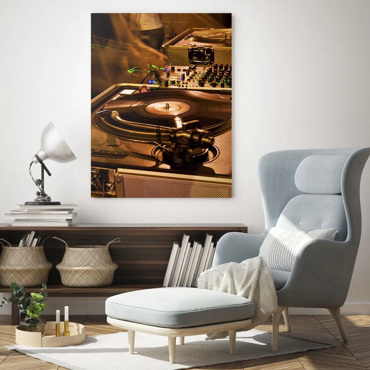 Impression sur verre - Image sur verre - Une platine sur fond de fête avec des effets de lumière dynamiques - 50x70cm - Sentez-vous cette force? - Décoration murale moderne pour le salon et la chambre ARTTOR