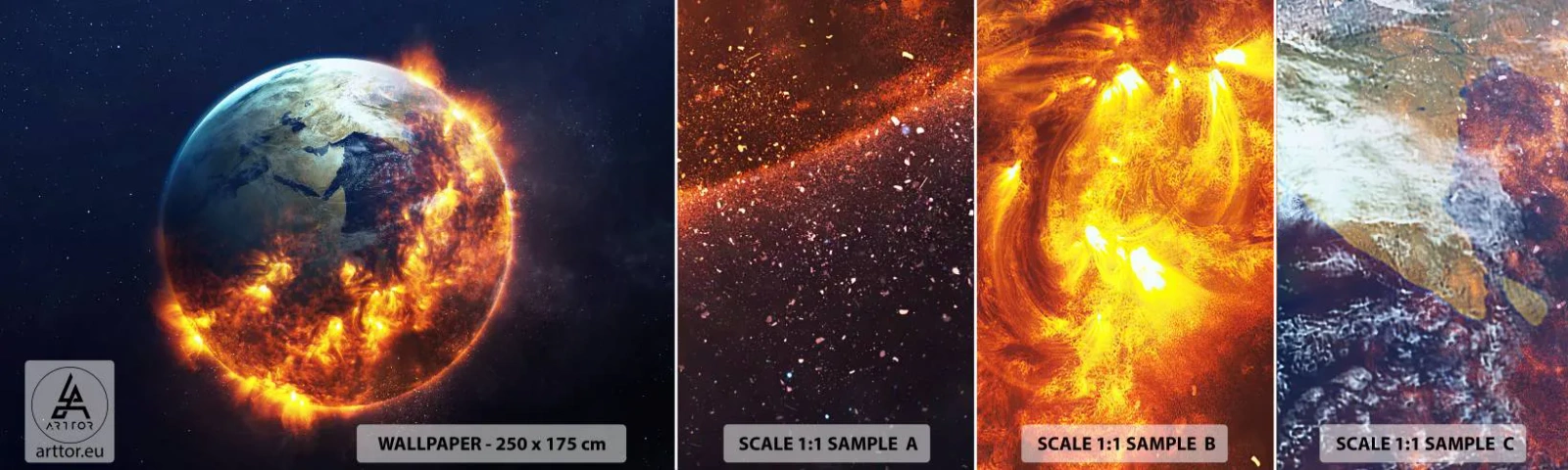 Échantillon de Papier Peint Autocollant Deluxe Sticker - La flamme de l'apocalypse - Cosmos, Planète Terre, Flammes de feu - 100x30 cm