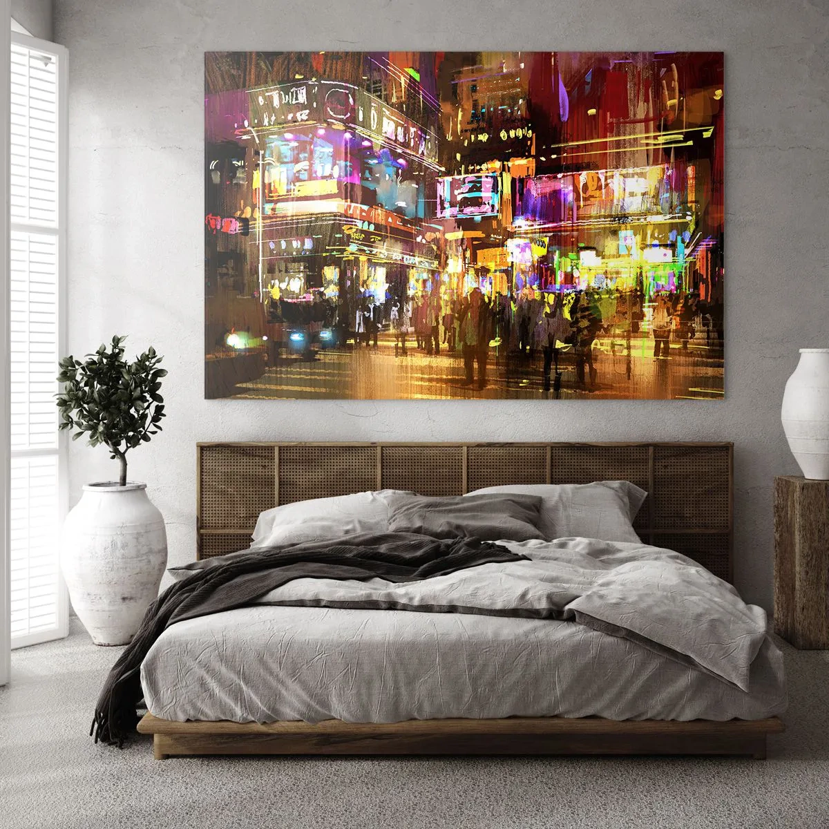 Impression sur verre - Image sur verre - Une ville vibrante sous la lumière des néons - 70x50cm - Dans une mer de lumière - Décoration murale moderne pour le salon et la chambre ARTTOR