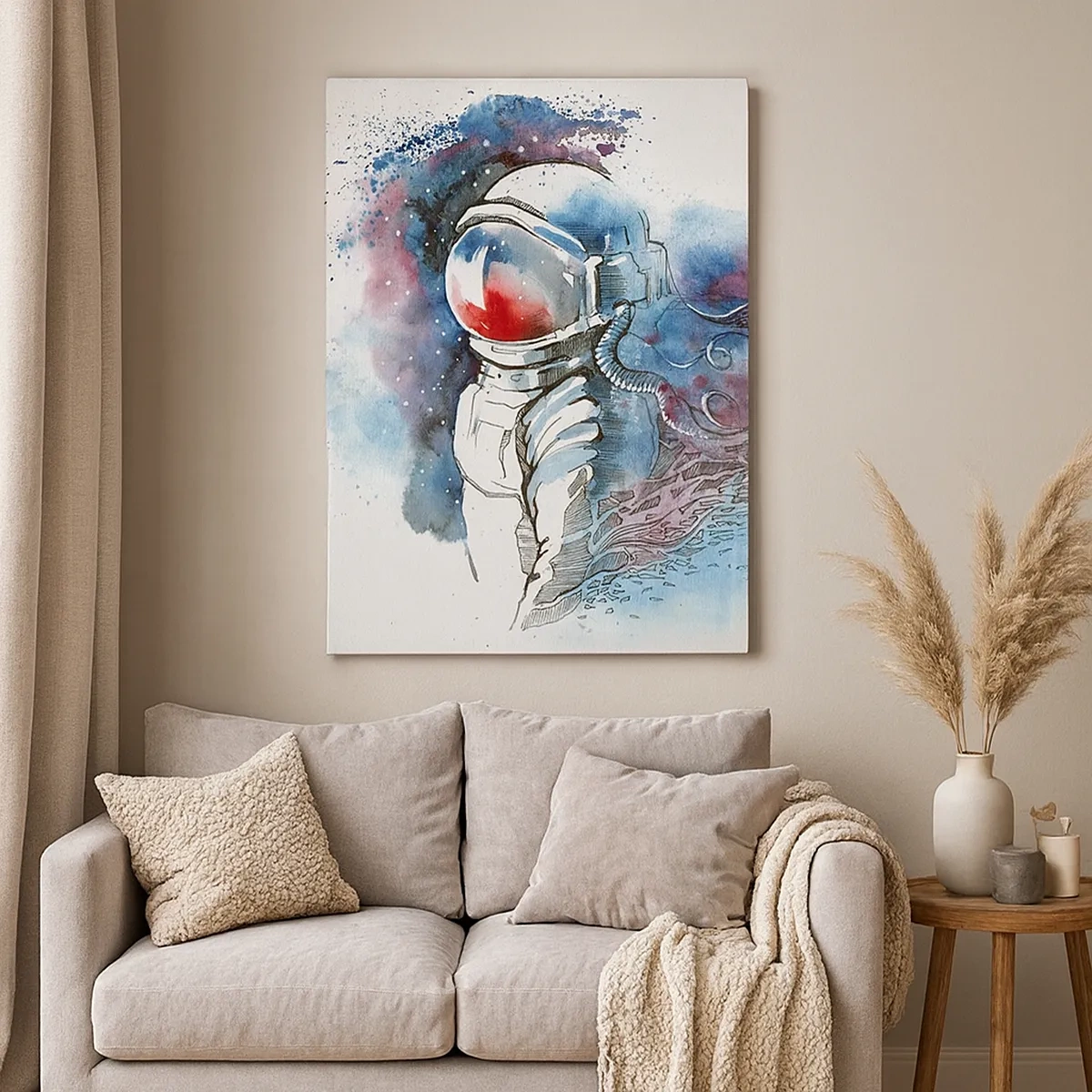 Impression sur toile - Image sur toile - Un cosmonaute dans une aquarelle dynamique avec des détails cosmiques - 50x70cm - Seul avec l'espace - Décoration murale moderne pour le salon et la chambre ARTTOR