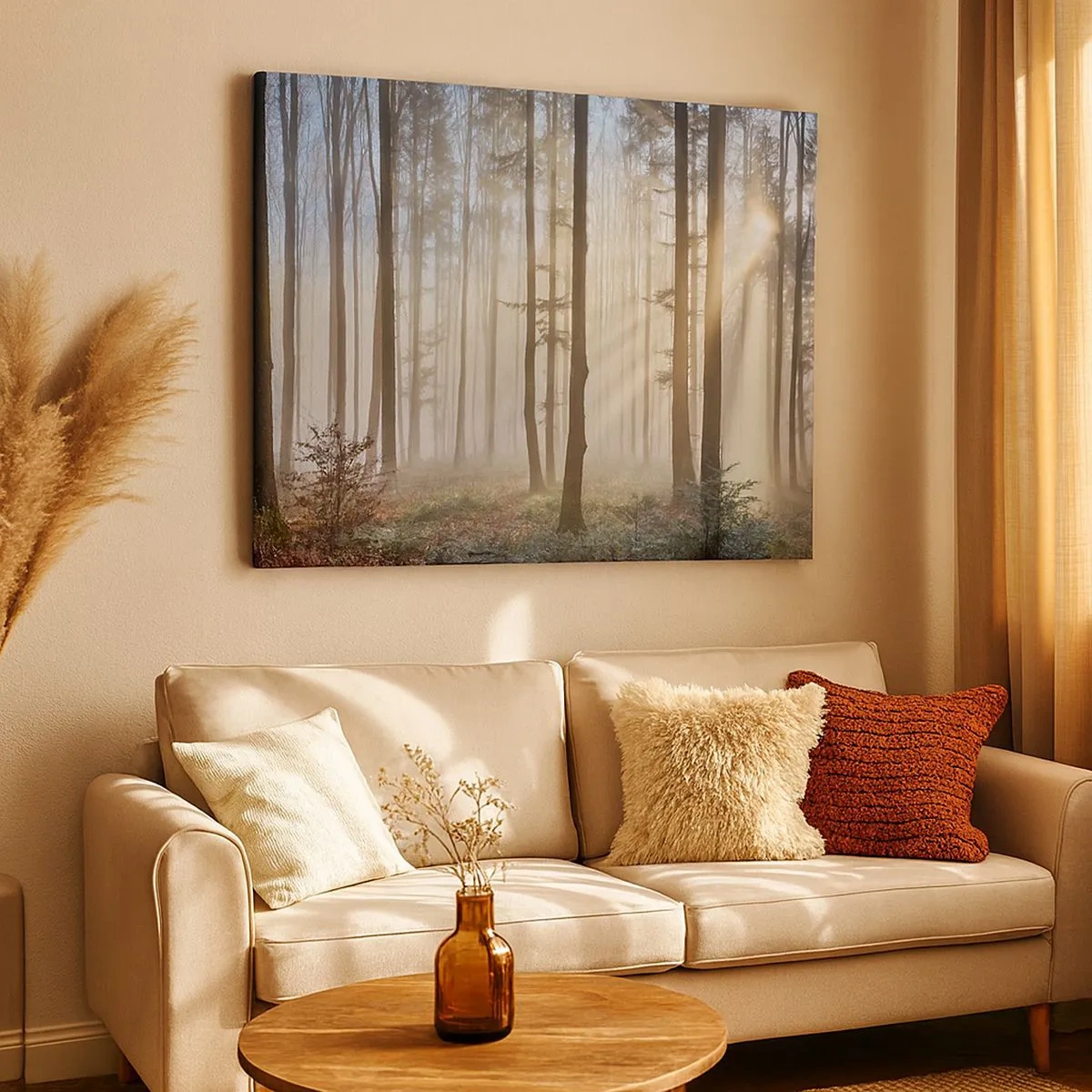 Impression sur toile - Image sur toile - Une forêt dans un léger brouillard avec des rayons de soleil qui brillent à travers les arbres - 70x50cm - Le brouillard s'est aussi réveillé - Décoration murale moderne pour le salon et la chambre ARTTOR