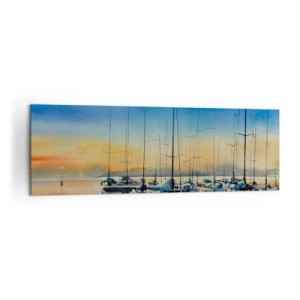 Impression sur toile - Image sur toile - Port de plaisance au coucher du soleil avec reflets sur l'eau - 160x50cm - Fin d'une belle journée - Décoration murale moderne pour le salon et la chambre ARTTOR