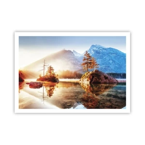Affiche - Poster - Un lac avec des îles et des montagnes en arrière-plan au lever du soleil - 100x70cm - La nature sous un nouveau jour - Décoration murale moderne pour le salon et la chambre ARTTOR