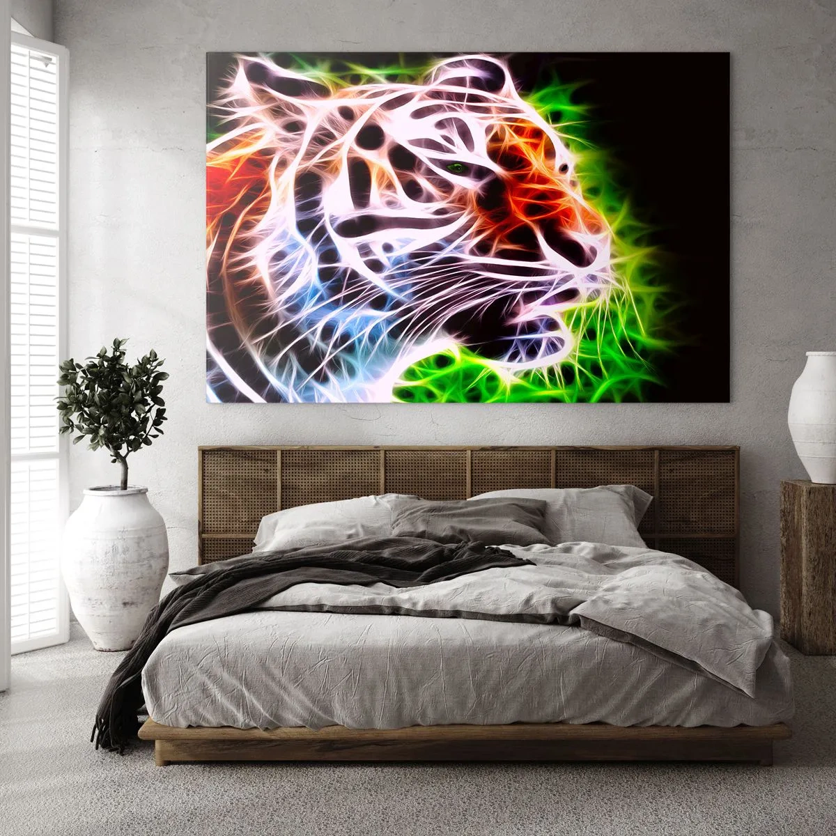 Impression sur verre - Image sur verre - Un tigre aux couleurs néon et lumineuses - 70x50cm - L'aura dangereux - Décoration murale moderne pour le salon et la chambre ARTTOR