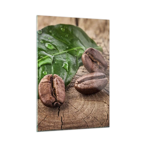 Impression sur verre - Image sur verre - Grains de café sur fond de feuilles et de bois - 50x70cm - La plus vraie et noire - Décoration murale moderne pour le salon et la chambre ARTTOR