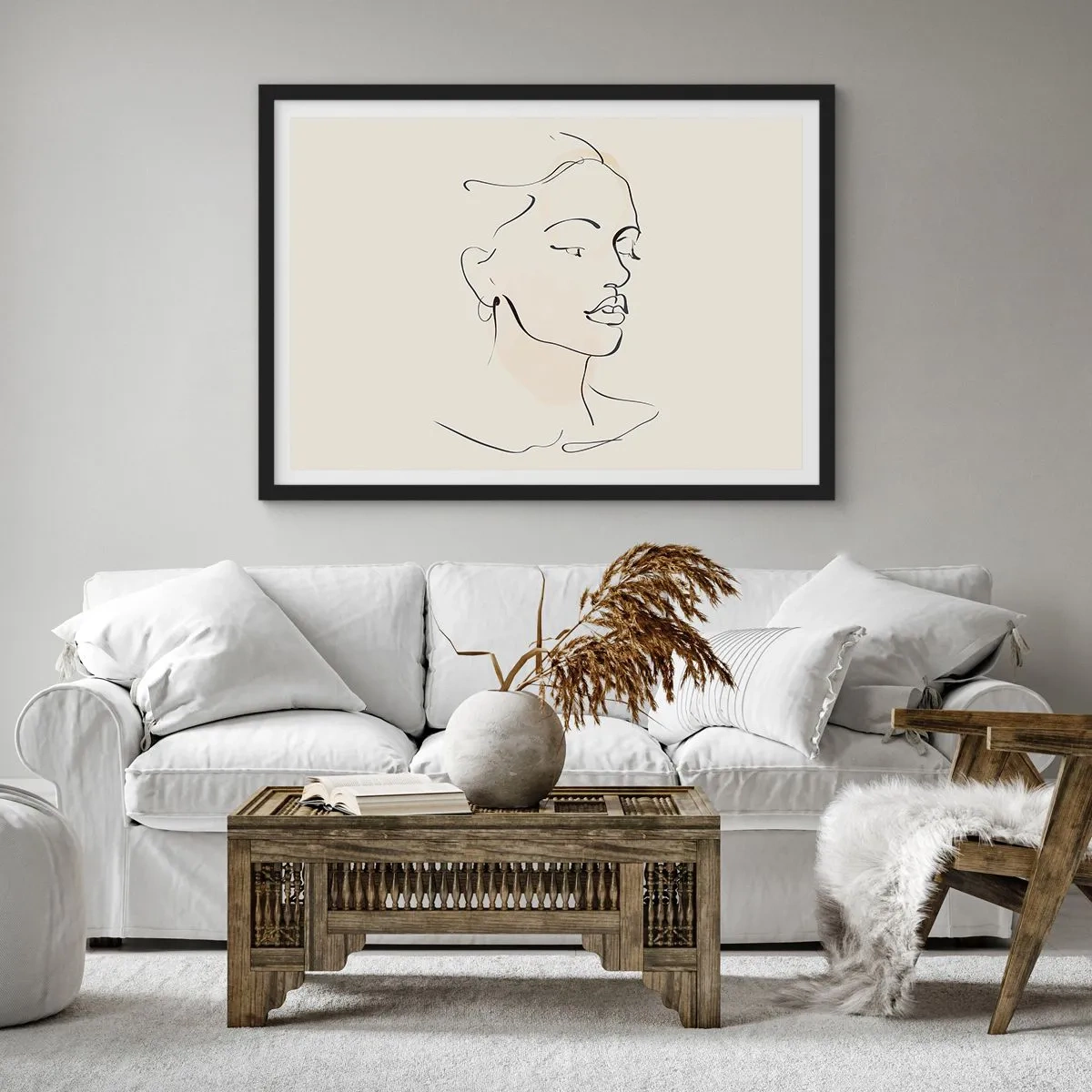 Affiche dans un cadre noir - Poster - Un croquis délicat du visage d'une femme sur un fond clair - 70x50cm - Une ligne certaine - Décoration murale moderne pour le salon et la chambre ARTTOR