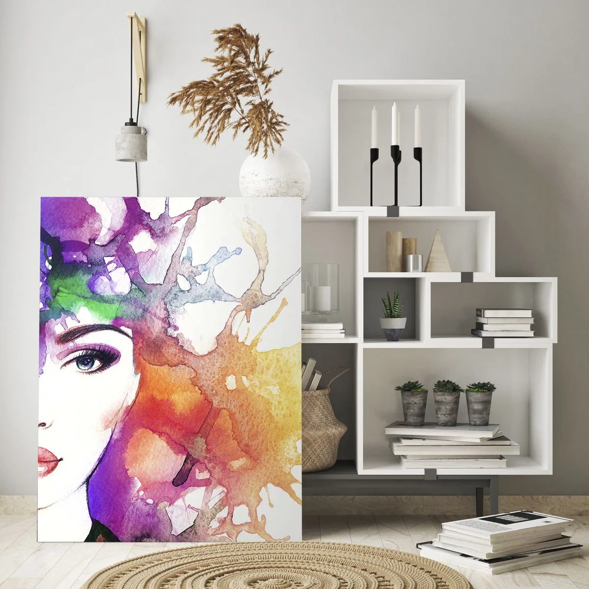 Impression sur verre - Image sur verre - Portrait d'une femme aux couleurs aquarelles avec des taches abstraites - 70x100cm - Avec la tête dans les nuages - Décoration murale moderne pour le salon et la chambre ARTTOR