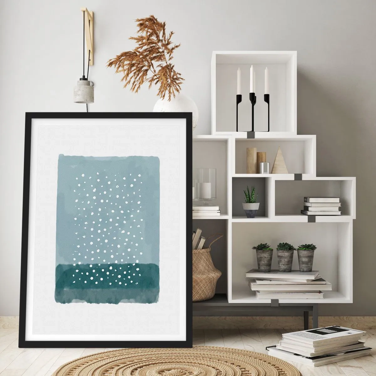 Affiche dans un cadre noir - Poster - Une composition abstraite avec des points blancs sur fond bleu. - 50x70cm - Évolution de bleus - Décoration murale moderne pour le salon et la chambre ARTTOR