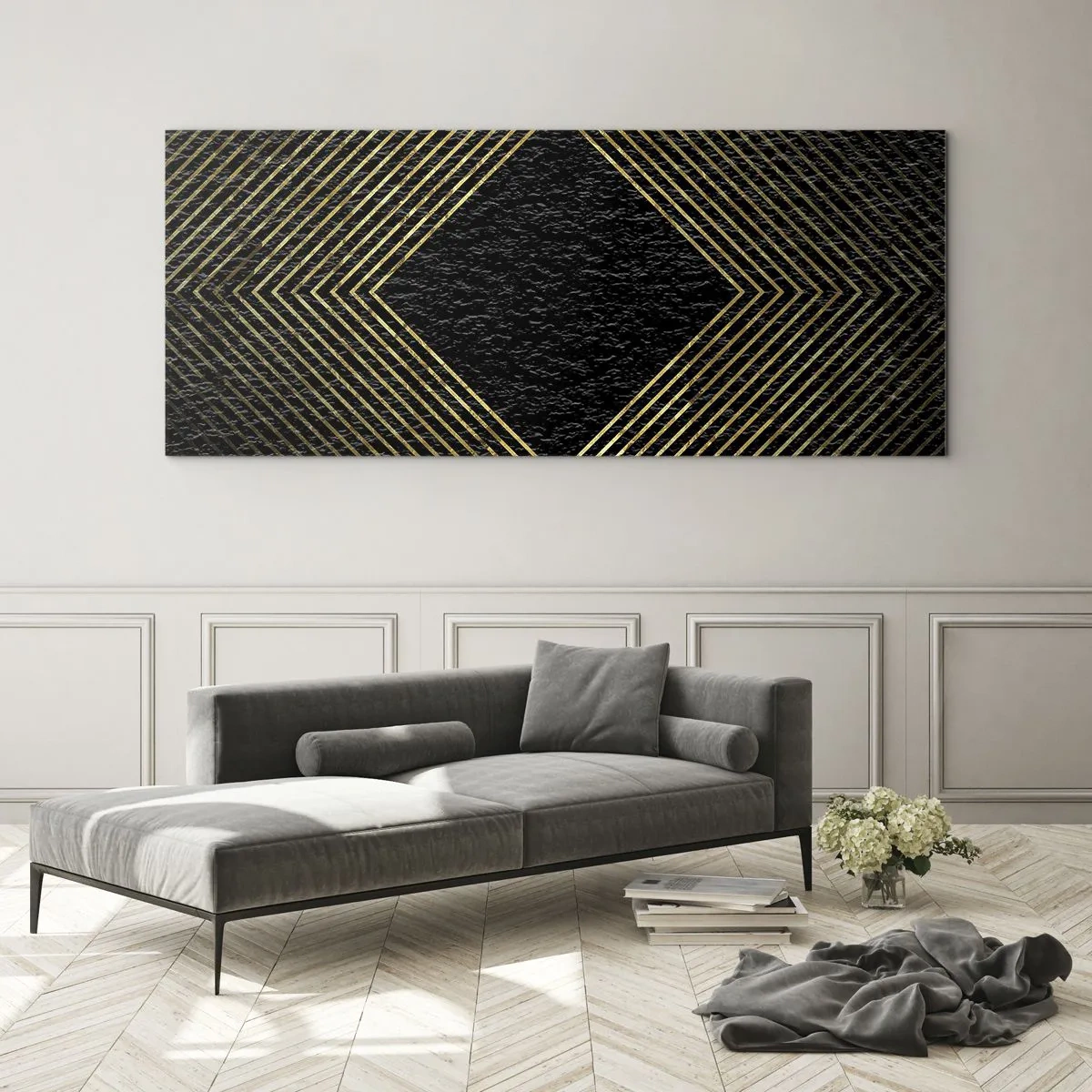 Impression sur verre - Image sur verre - Fond noir avec un motif géométrique de lignes dorées - 140x50cm - Géométrie dans un style glamour - Décoration murale moderne pour le salon et la chambre ARTTOR