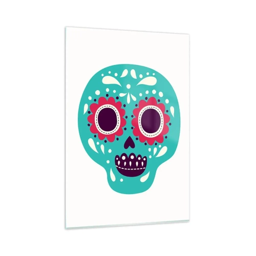 Impression sur verre - Image sur verre - Un crâne en sucre turquoise et violet inspiré de la culture mexicaine - 80x120cm - La vie – du plaisir jusqu'à la mort - Décoration murale moderne pour le salon et la chambre ARTTOR
