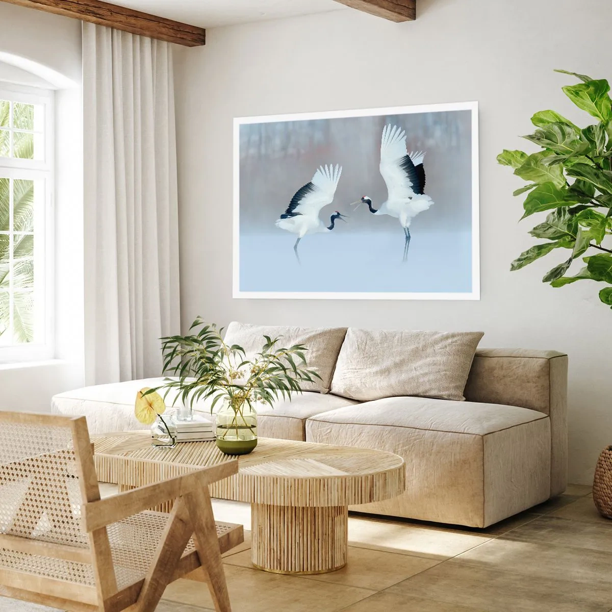 Affiche - Poster - Deux grues dansant dans un paysage brumeux - 100x70cm - Danse dans le brouillard - Décoration murale moderne pour le salon et la chambre ARTTOR