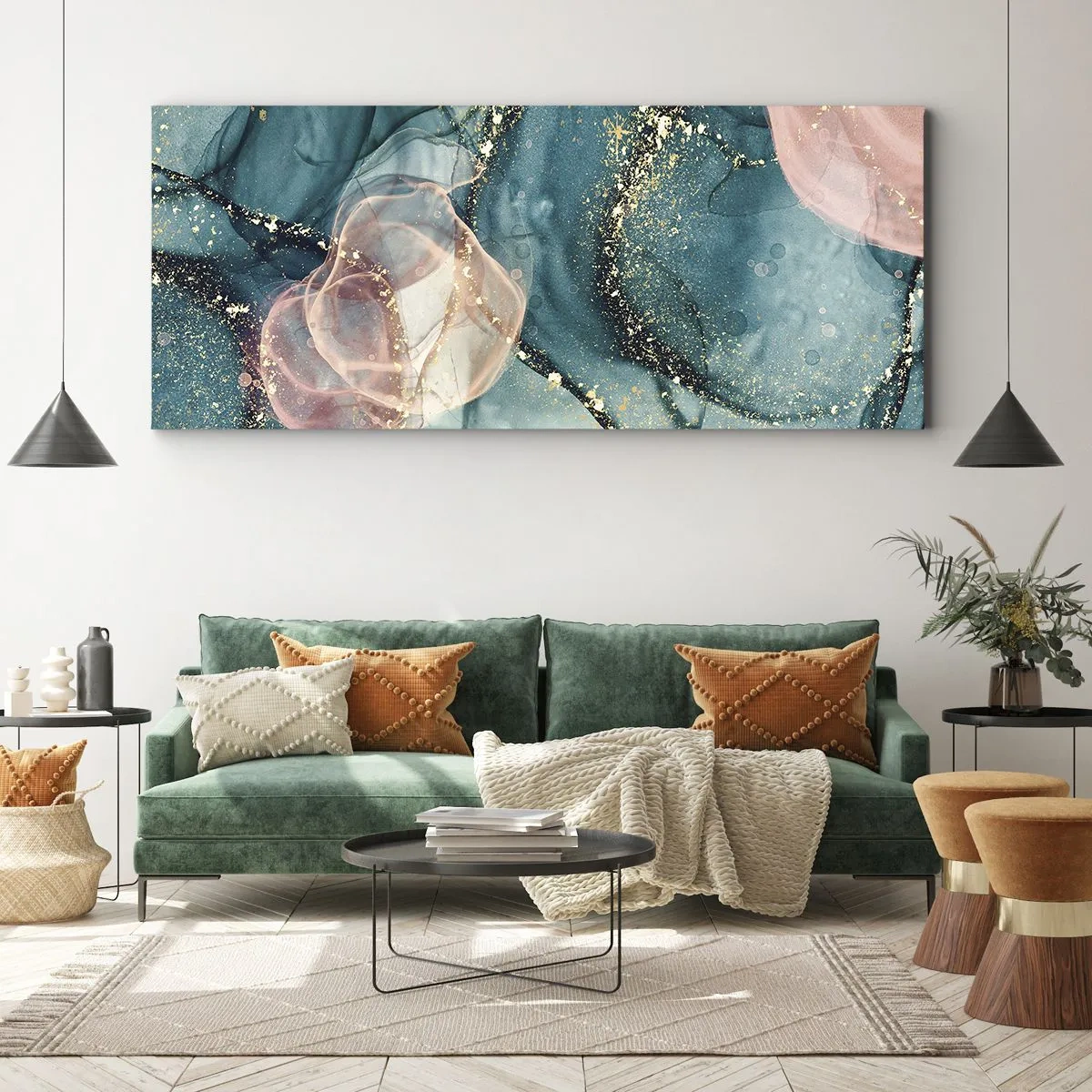 Impression sur toile - Image sur toile - Une composition abstraite dans des tons turquoise et or. - 140x50cm - Soie bleu, tulle rose - Décoration murale moderne pour le salon et la chambre ARTTOR