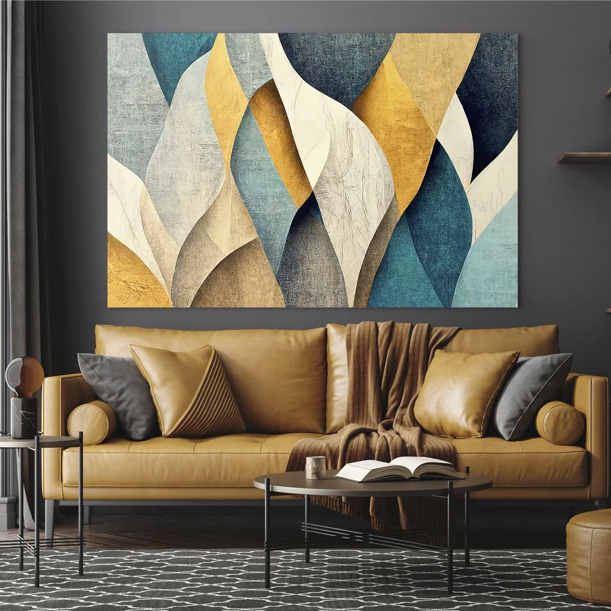 Impression sur verre - Image sur verre - Formes abstraites dans les tons de jaune et de bleu - 70x50cm - Rythme et vague - Décoration murale moderne pour le salon et la chambre ARTTOR