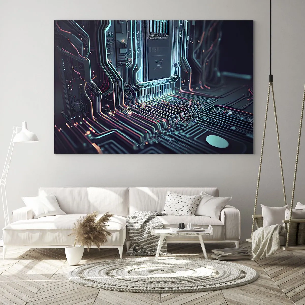 Impression sur verre - Image sur verre - Visualisation au néon des traces du processeur sur fond noir - 100x70cm - Je pense comme ça… - Décoration murale moderne pour le salon et la chambre ARTTOR