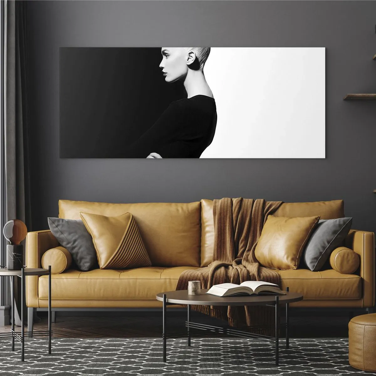 Impression sur verre - Image sur verre - Portrait élégant d'une femme sur fond noir et blanc - 140x50cm - Tout simplement une femme - Décoration murale moderne pour le salon et la chambre ARTTOR
