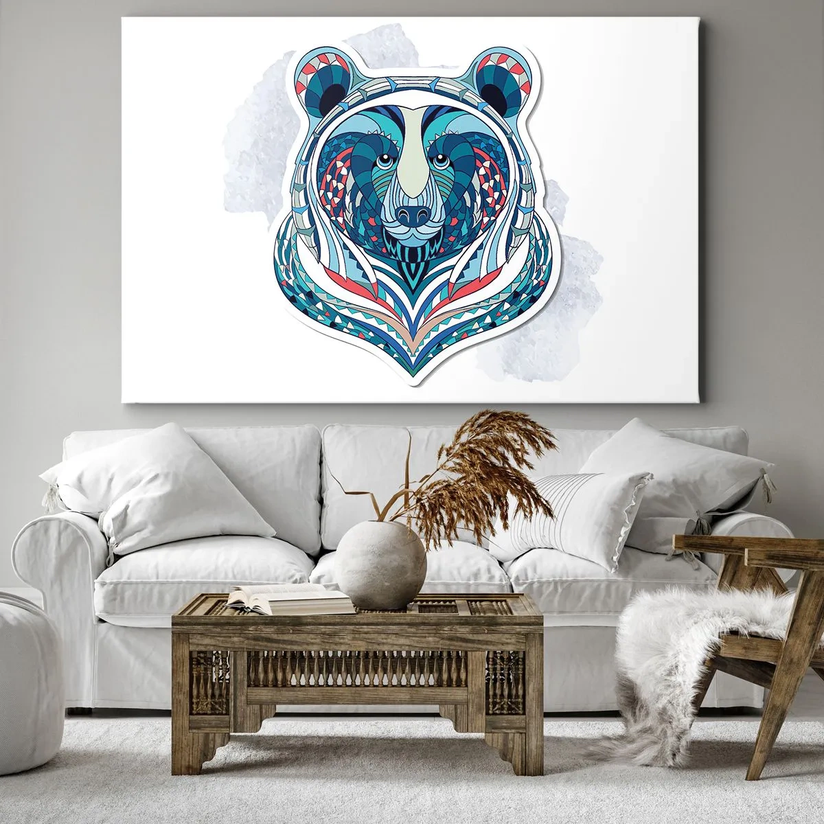 Impression sur toile - Image sur toile - Ours géométrique dans les tons bleu et rouge - 120x80cm - Vive le Groenland ! - Décoration murale moderne pour le salon et la chambre ARTTOR