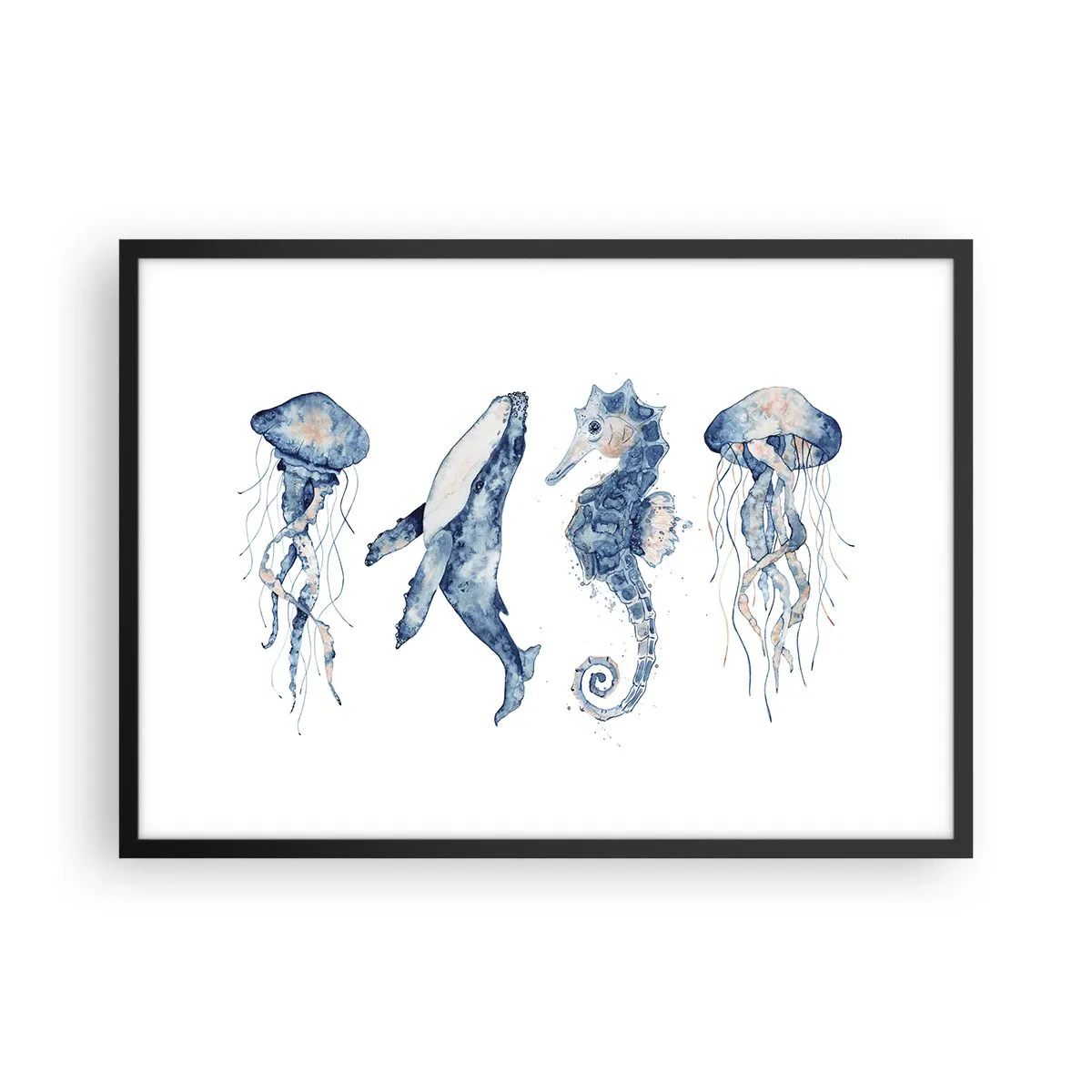 Affiche dans un cadre noir - Poster - Méduse, baleine et hippocampe dans un style aquarelle - 70x50cm - Merveilles de la mer - Décoration murale moderne pour le salon et la chambre ARTTOR