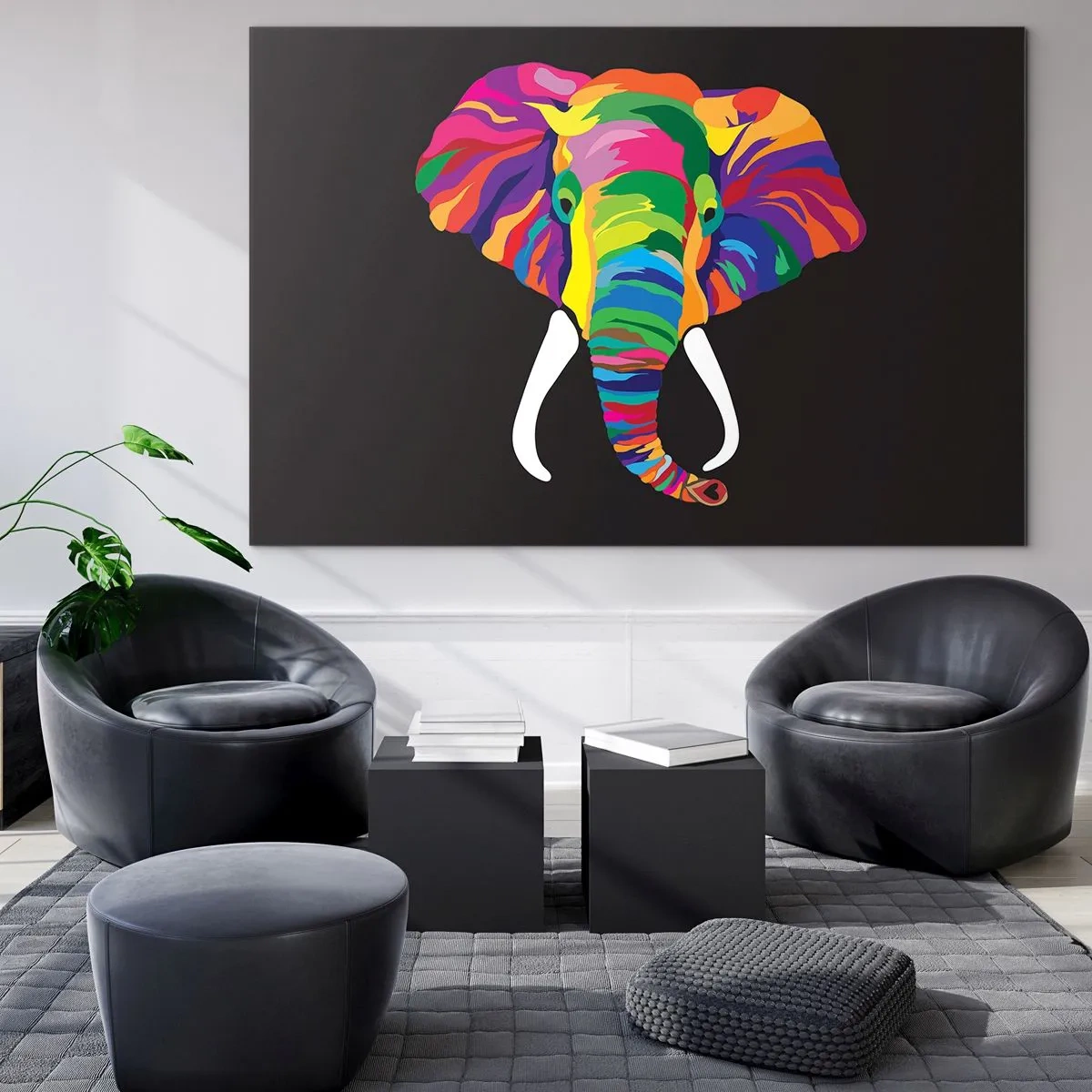 Impression sur verre - Image sur verre - Un éléphant coloré sur fond noir dans un style artistique - 120x80cm - L'éléphant qui aimait se baigner dans un arc-en-ciel - Décoration murale moderne pour le salon et la chambre ARTTOR