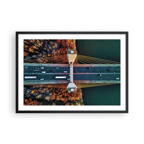 Affiche dans un cadre noir - Poster - Vue aérienne du pont sur la rivière et du paysage d'automne - 70x50cm - Au dessus de l'eau et de la forêt - Décoration murale moderne pour le salon et la chambre ARTTOR
