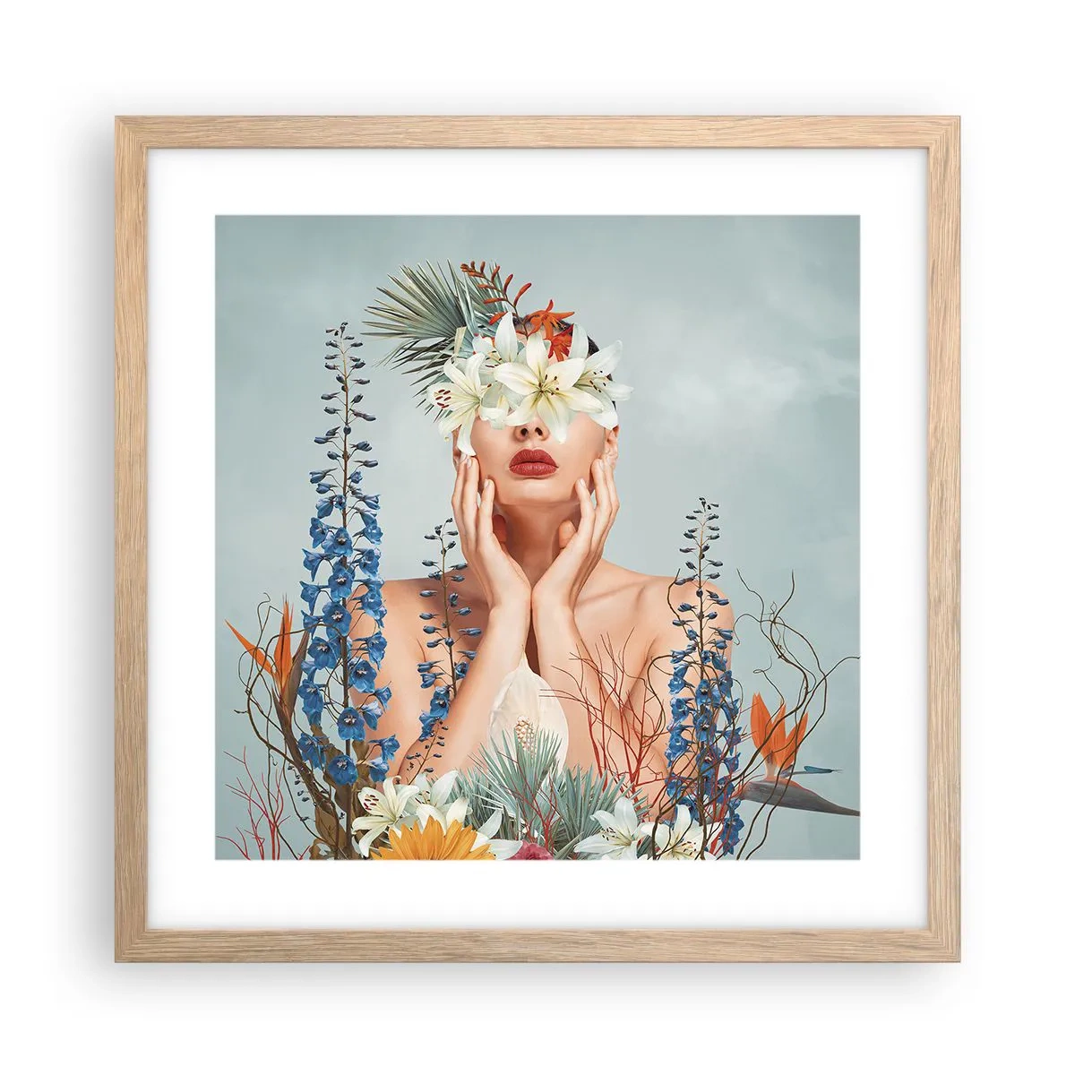 Affiche dans un chêne clair - Poster - Femme - fleur - 40x40 cm