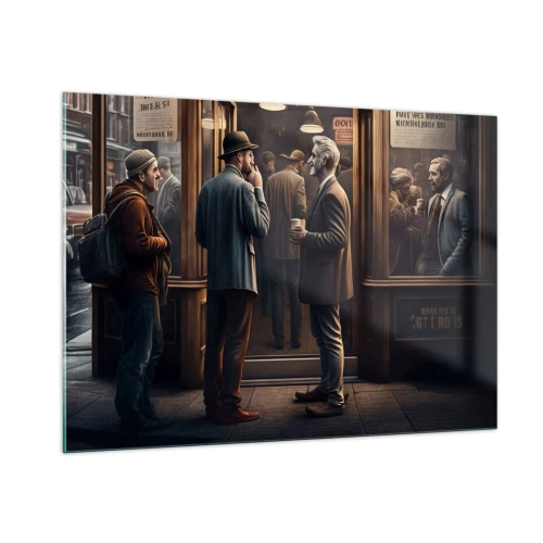 Impression sur verre - Image sur verre - Hommes discutant devant un café dans un décor urbain rétro - 100x70cm - Bon moment de la journée - Décoration murale moderne pour le salon et la chambre ARTTOR
