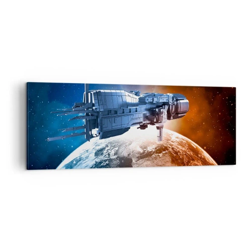 Impression sur toile - Image sur toile - Un vaisseau spatial avec en arrière-plan une planète dans l'espace - 140x50cm - Un observateur attentif - Décoration murale moderne pour le salon et la chambre ARTTOR