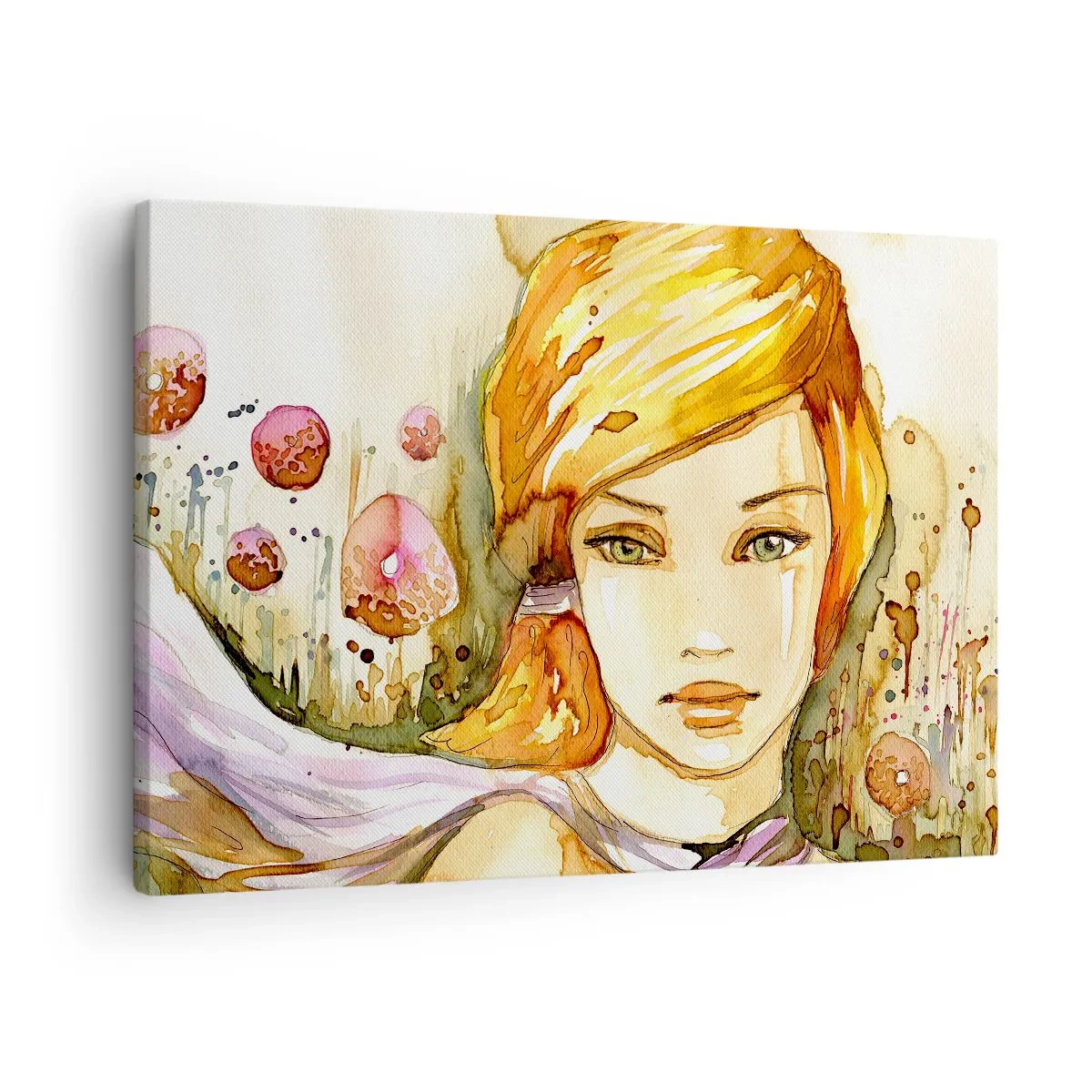 Impression sur toile - Image sur toile - Portrait d'une femme aux couleurs aquarelles au regard intense - 70x50cm - Un regard émeraude qui calme la colère - Décoration murale moderne pour le salon et la chambre ARTTOR