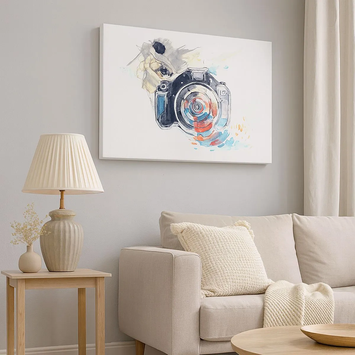 Impression sur toile - Image sur toile - Appareil photo aquarelle avec des détails colorés - 70x50cm - Dans l'oeil de l'objectif - Décoration murale moderne pour le salon et la chambre ARTTOR