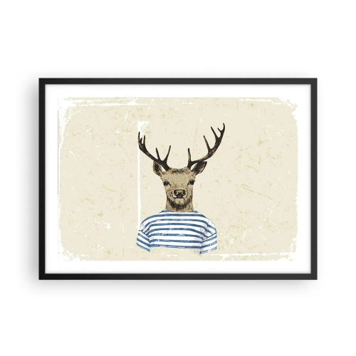 Affiche dans un cadre noir - Poster - Un cerf en chemise rayée sur un fond clair avec une texture délicate - 70x50cm - Parce que j'aime les chemises rayées - Décoration murale moderne pour le salon et la chambre ARTTOR
